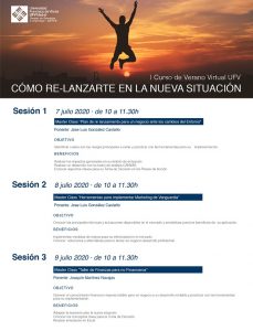 Cartel Como relanzarte en la nueva situacion sin logos 229x300 La Universidad Francisco de Vitoria (Madrid) organiza más de 40 actividades, talleres, conferencias gratuitas y cursos online para seguir aprendiendo este verano Estudiar en Universidad Privada Madrid