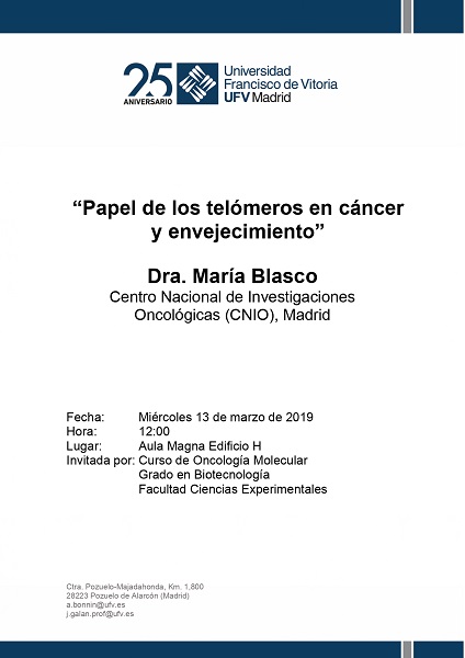 Charla Maria Blasco 13 marzo pages to jpg 0001 La Dr.María Blasco, directora del CNIO, impartirá la charla Papel de los telómeros en cáncer y envejecimiento Estudiar en Universidad Privada Madrid