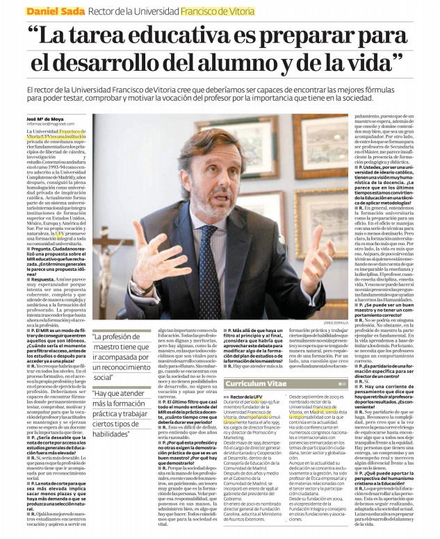 revista magisterio2 Daniel Sada, rector de la UFV, entrevistado en la revista Magisterio: “La tarea educativa es preparar para el desarrollo del alumno y de la vida” Estudiar en Universidad Privada Madrid